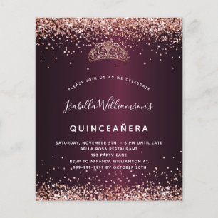 Papier Quinceanera Bourgogne rose invitation tiara or
