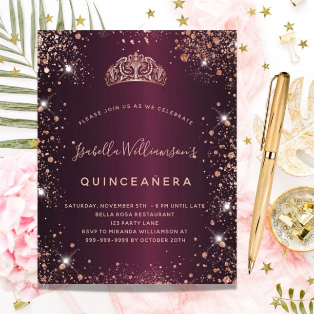 Papier Quinceanera Bourgogne rose invitation tiara or (Créateur téléchargé)