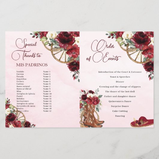 Papier Quinceañera Bourgogne Rouge Floral Charro Programm (Dos)