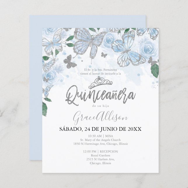 Papier Quinceanera Butterfly Budget Invitation - Espagnol (Devant / Derrière)