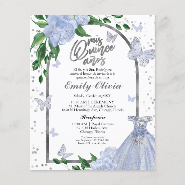 Papier Quinceanera Butterflys Espagne Budget Invitation (Devant)