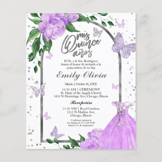 Papier Quinceanera Butterflys Espagne Budget Invitation (Devant)