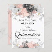Papier Quinceanera florale rose vif Enregistrer la date (Devant / Derrière)