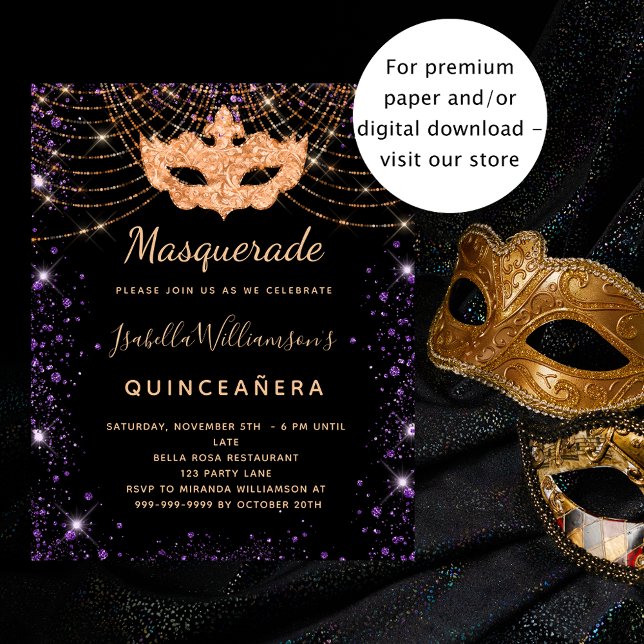 Papier Quinceanera masquerade violet noir invitation (Créateur téléchargé)