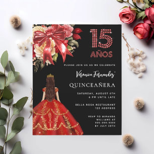 Papier Quinceanera noir rouge robe arc fleurons invitatio
