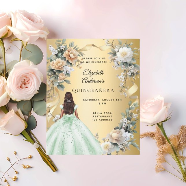 Papier Quinceanera or vert robe florales invitation (Créateur téléchargé)