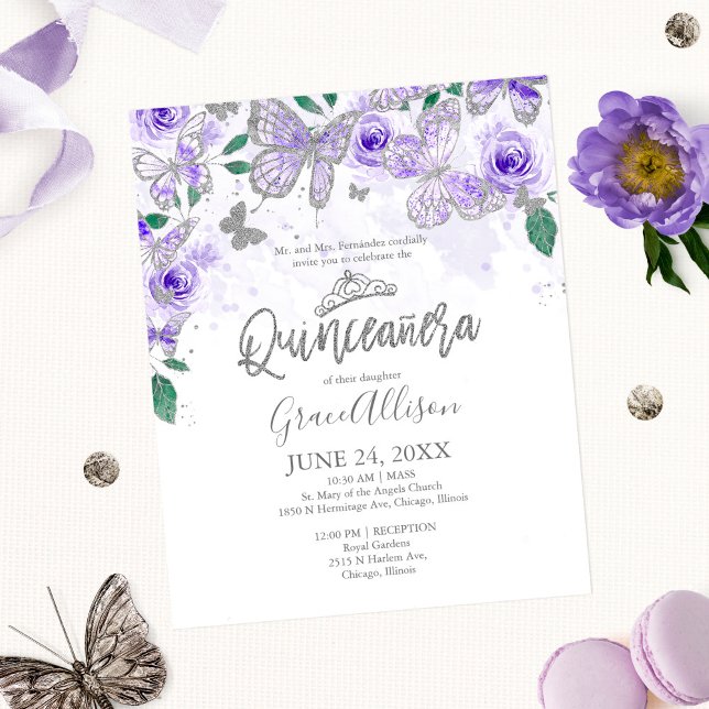 Papier Quinceanera Papillon Budget Invitation Bilingue (Créateur téléchargé)