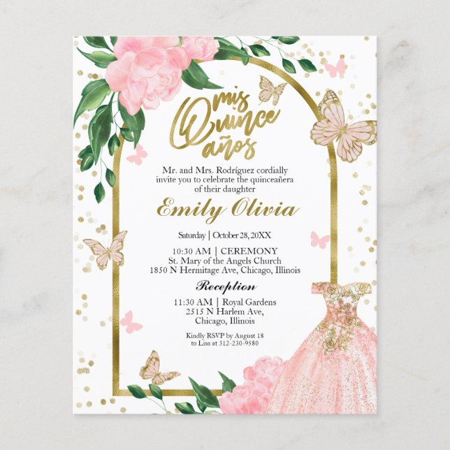 Papier Quinceanera Papillons Budget Invitation (Devant)