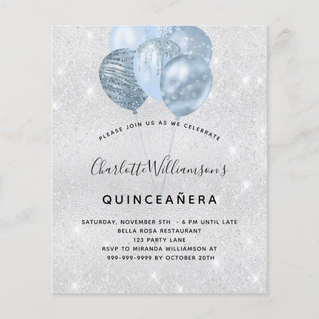 Papier Quinceanera parties scintillant bleu argent invita (Devant)
