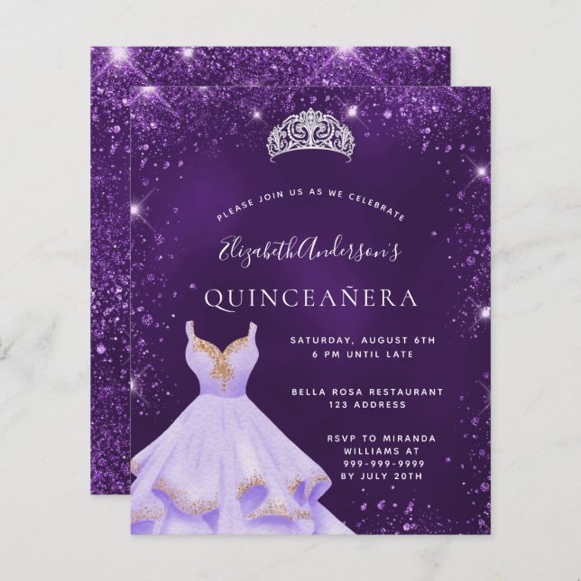 Papier Quinceanera parties scintillant violet robe tiara  (Devant / Derrière)
