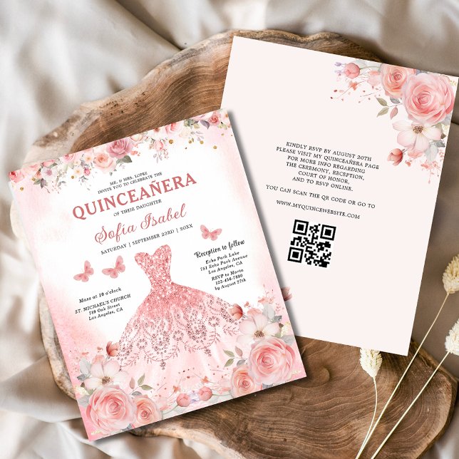 Papier Quinceañera QR Code Rose rose pâle Floral (Créateur téléchargé)