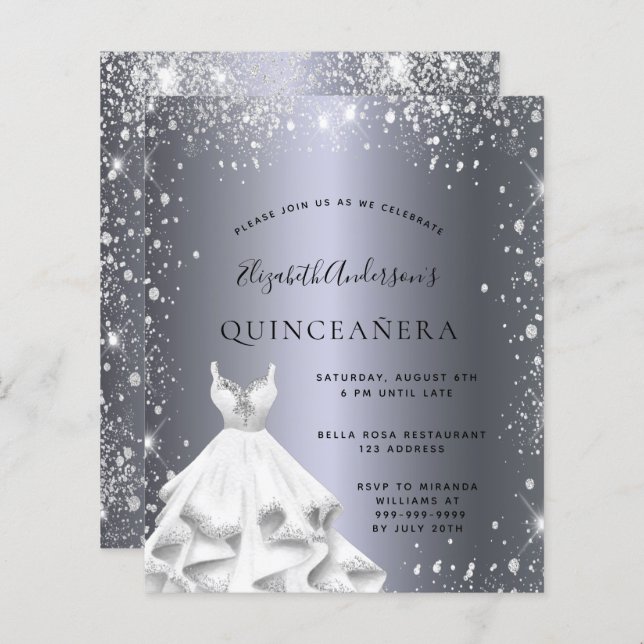 Papier Quinceanera robe argent parties scintillant invita (Devant / Derrière)