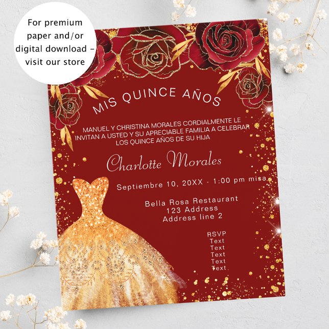 Papier Quinceanera robe d'or rouge rose invitation budget (Créateur téléchargé)