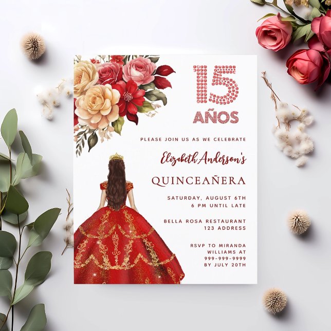 Papier Quinceanera robe rouge or invitation rose (Créateur téléchargé)