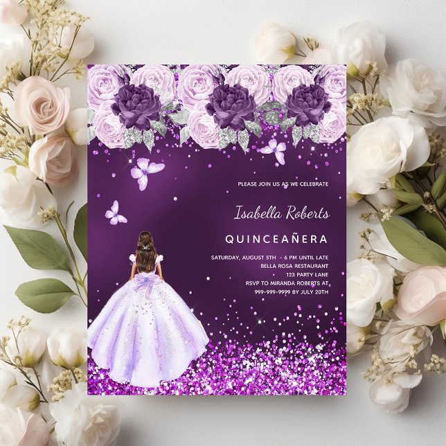Papier Quinceanera robe violet fleurs roses invitation (Créateur téléchargé)