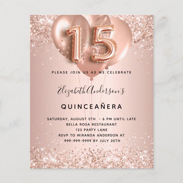 Papier Quinceanera rose en or ballons invitation (Devant)