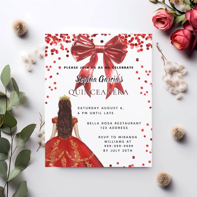 Papier Quinceanera rouge blanc robe arc invitation (Créateur téléchargé)
