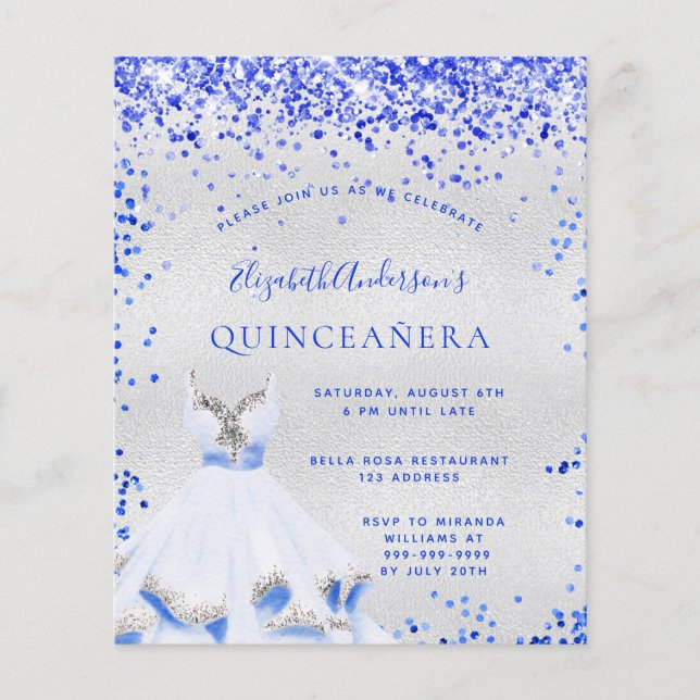 Papier Quinceanera royal bleu argent invitation (Devant)