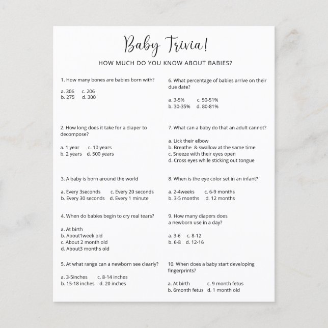 Papier Quiz bébé | Jeu de baby shower (Devant)