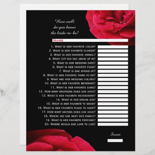 Papier Quiz de mariage - rose rouge (Devant / Derrière)