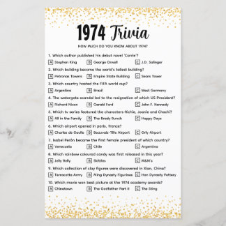 Papier Quiz de Trivia personnalisé 1974 pour Mariage d'or