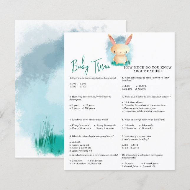 Papier Quiz du bébé lapin | Jeu de baby shower (Devant / Derrière)