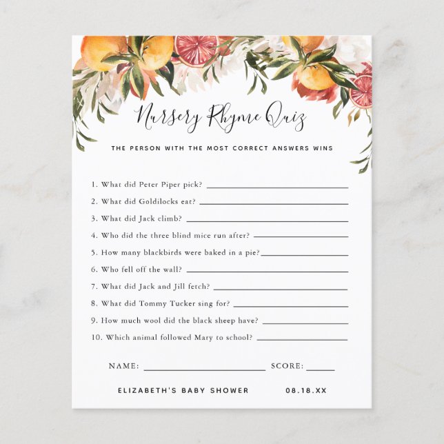 Papier Quiz sur le rime des infirmières | Jeu Baby shower (Devant)