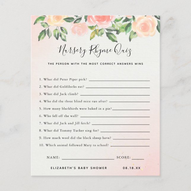 Papier Quiz sur les comptines | Jeu de baby shower (Devant)
