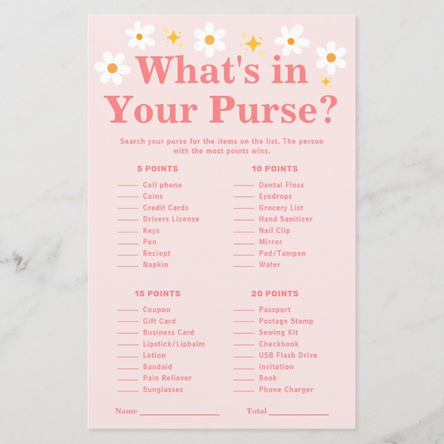 Papier Quoi dans votre sac à main Pink Daisy baby shower (Devant)