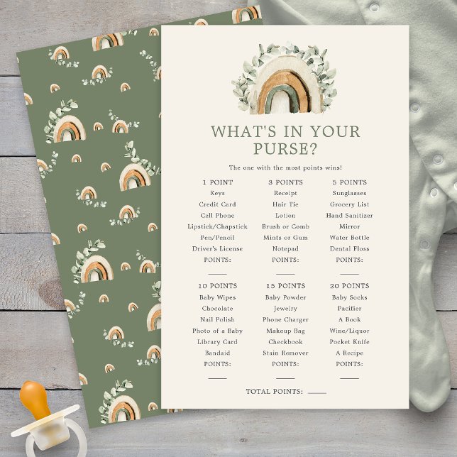 Papier Qu'y a-t-il dans ton sac, bébé ? (Watercolor Sage Green Rainbow Boho What's In Your Purse Baby Game Card by Painted Paperie
)