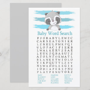 Papier Raccoon Baby shower Word Jeu de recherche