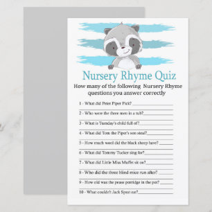 Papier Raccoon Nursery Rhyme Quiz jeu de baby shower