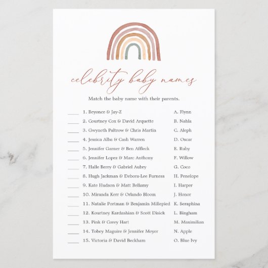 Papier Rainbow Baby shower Celebrity Baby Names jeu (Devant)