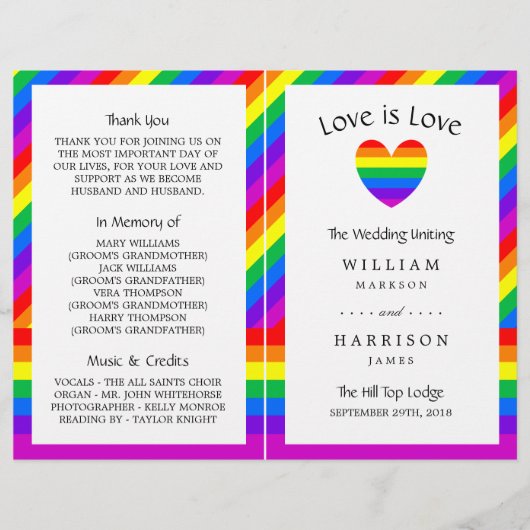 Papier Rainbow Heart Love is Love Mariage Bi-fold Program (Devant)