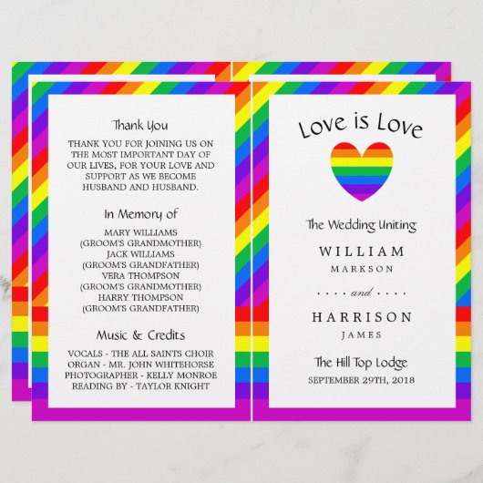 Papier Rainbow Heart Love is Love Mariage Bi-fold Program (Devant / Derrière)