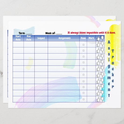 Papier Rainbow Paint Student Assignation tracker (Devant / Derrière)