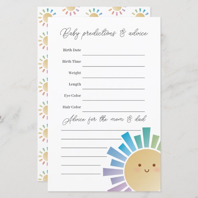 Papier Rainbow Sunshine Baby shower Guessin (Devant / Derrière)