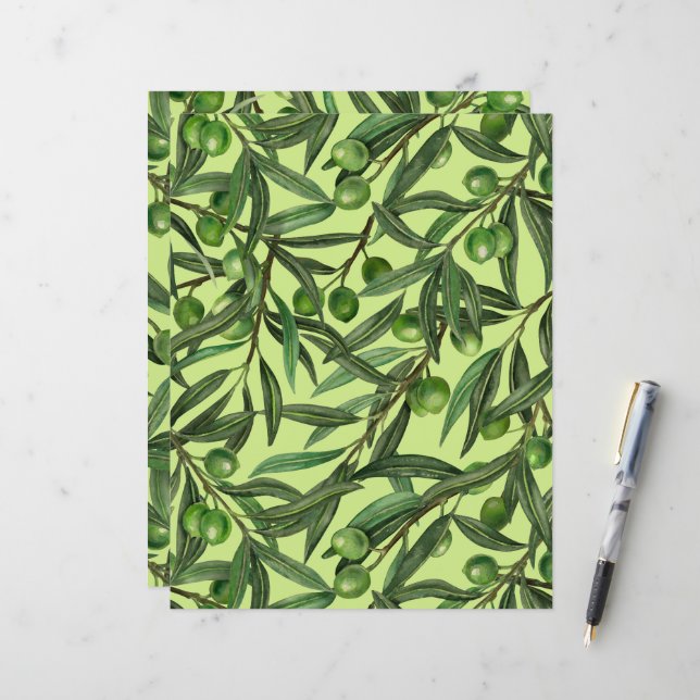 Papier Rameaux d'olivier sur fond vert melon (Devant/Arrière en situation)