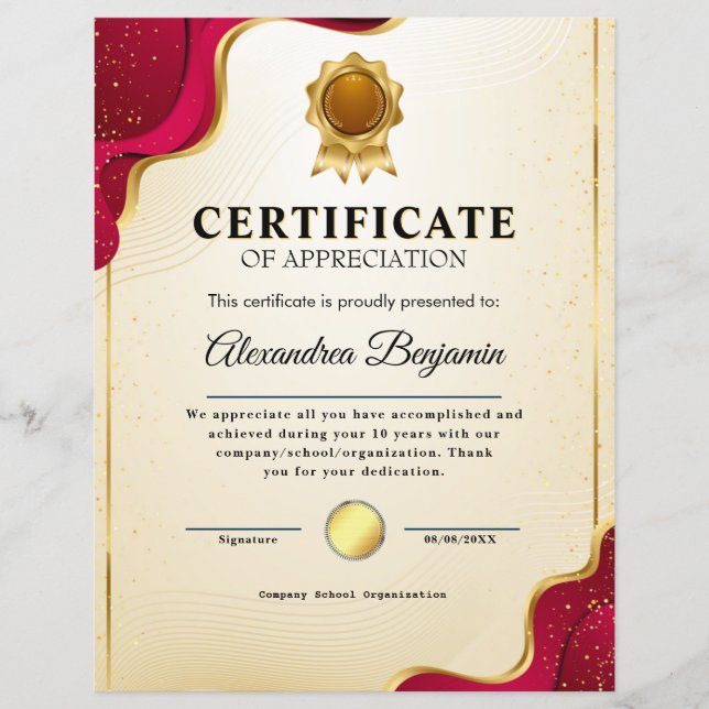 Papier Réalisation Apprécier Gold Blue Certificat (Devant)