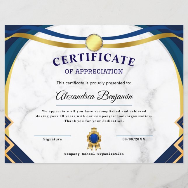 Papier Réalisation Apprécier Gold Blue Certificat (Devant)
