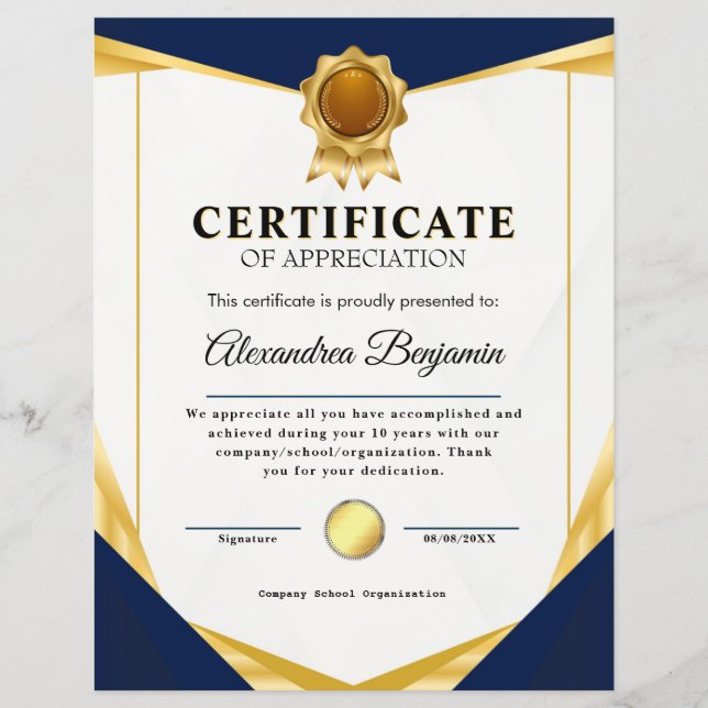 Papier Réalisation Apprécier Gold Blue Certificat (Devant)