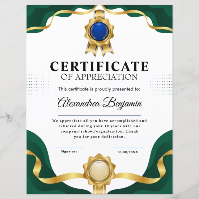 Papier Réalisation Apprécier Gold Blue Certificat (Devant)