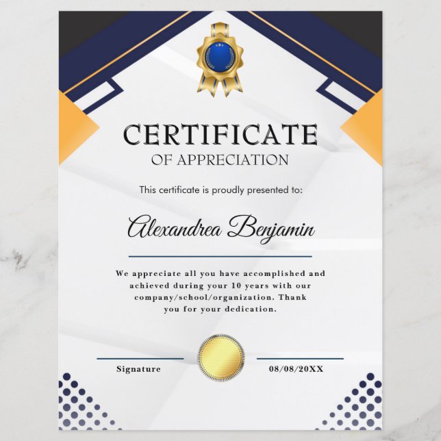 Papier Réalisation Apprécier Gold Blue Certificat (Devant)