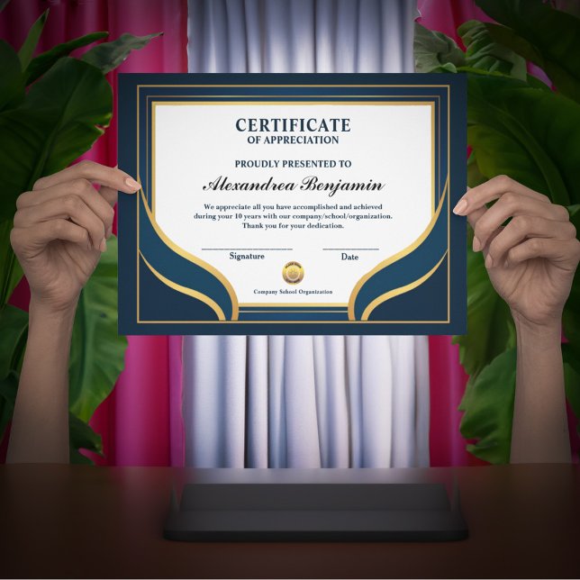 Papier Réalisation Apprécier Gold Blue Certificat (Achievement Appreciate Gold Blue Certificate to show your appreciation for all they have done. )