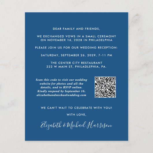 Papier Réception de mariage QR Code Photo Blue Invitation (Dos)
