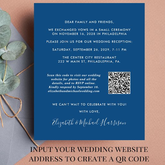 Papier Réception de mariage QR Code Photo Blue Invitation