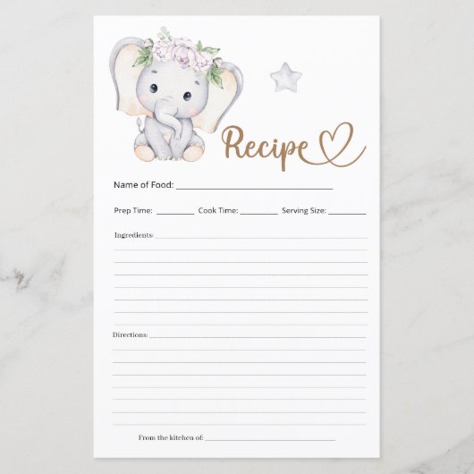 Papier Recette Baby shower éléphant bébé (Devant)