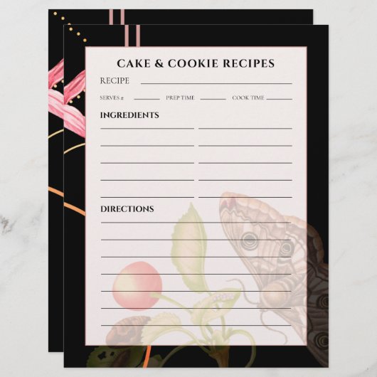 Papier Recette de gâteau et de biscuits | Papillon botani (Devant / Derrière)