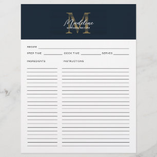 Papier Recette de monogramme en or métallisé bleu marine