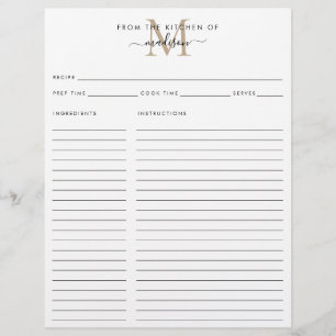Papier Recette élégante du monogramme en or de la cuisine